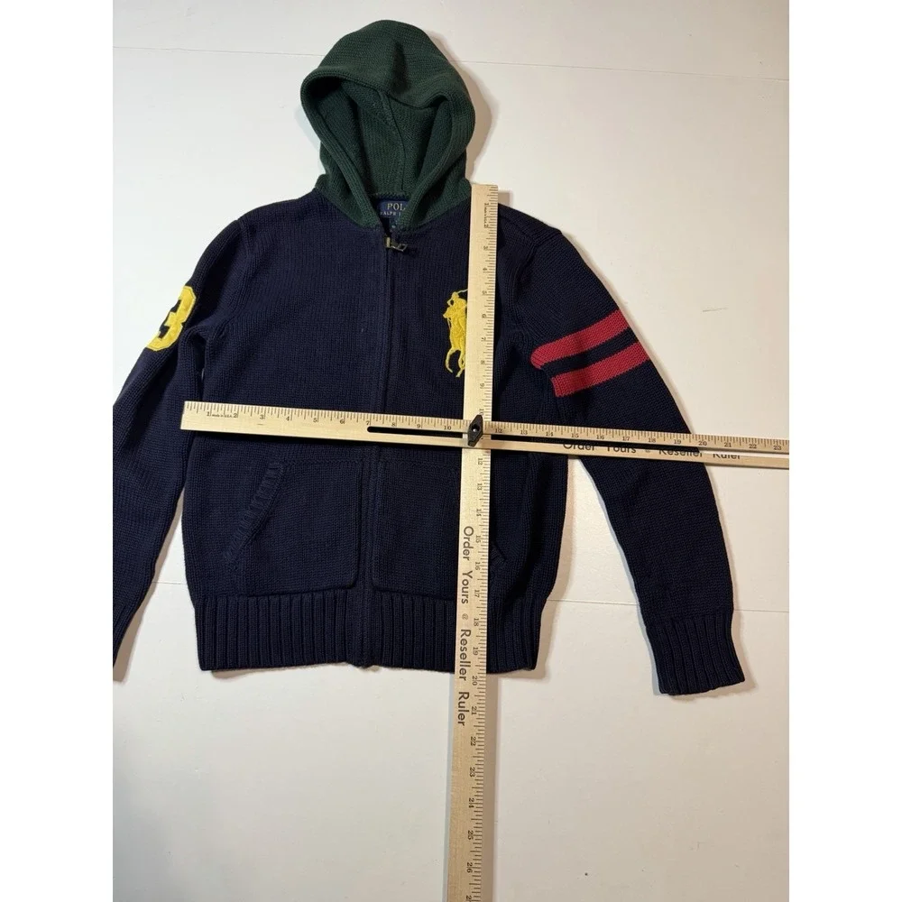 Polo Ralph Lauren Kids Big Pony Full Zip Knit Hoodie Navy Green Size Small 8